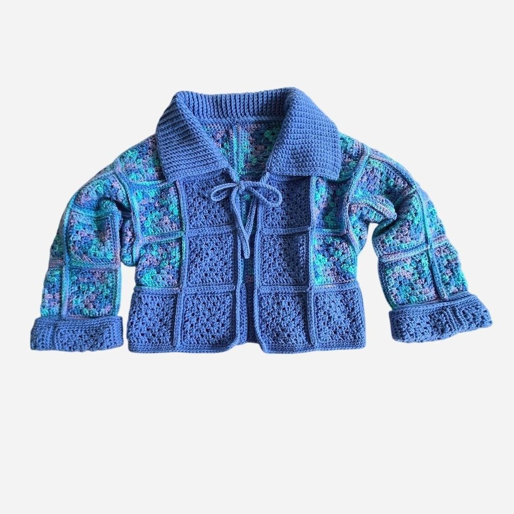 Handmade crochet granny square cropped blue purple sweater, cardigan